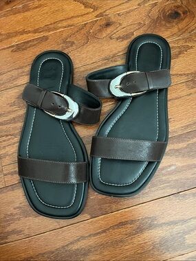 StaudBrown Leather Slide Sandals with Silver Buckle